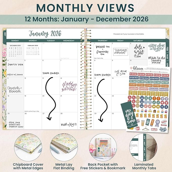 bloom daily planners HARDCOVER 2026 Planner (January to December) - 8.5” x 11” Weekly & Monthly Dated Agenda Organizer Book with Stickers & Tabs - Garden Party, Beige