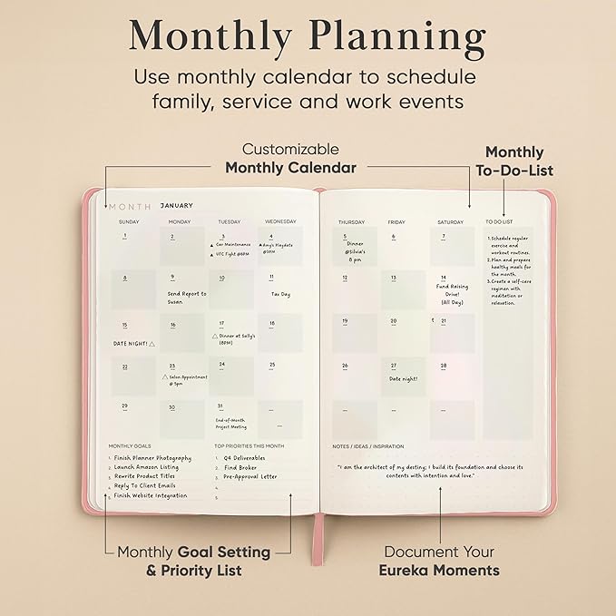 Mantra Planner 2026 Planner, Daily Journal & Gratitude Journal All-In-One with To Do List, Self Care Prompts & Habit Tracker - 7 x 10 - Pink
