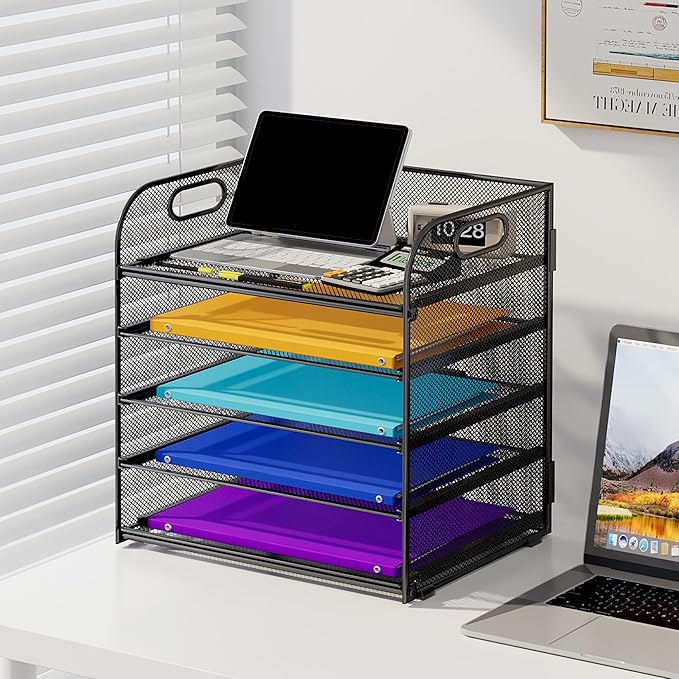 Cawukege 5 Tier Paper Organizer with Handle, Metal Mesh Desk Organizer File Folder Paper Letter Tray Desktop Document Sorter for Classroom, School, Office Accessories Organization and Storage - Black