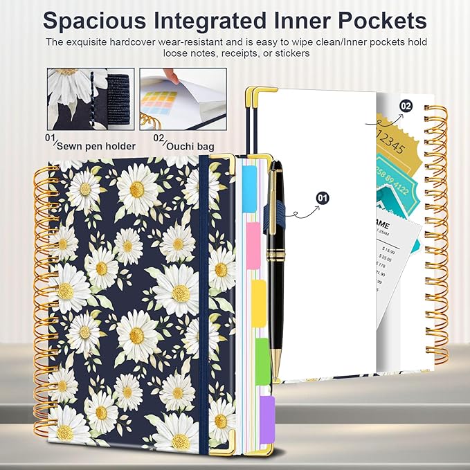 Spiral Journal Notebooks for Work, 300 Pages 5 Subject Notebook College Ruled with Dividers & Tabs, 8''x 10'' Large Notebook Journal for Women Students Note-Taking and Organizer (White Daisy)