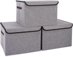 Bagnizer Large 17" 42 Quarts Collapsible Stackable Storage Bins with Lids [3-Pack] Foldable Fabric Linen Storage Boxes Cube, Closet Organizer Baskets with Label for Home (16.7 x 12 x 12, Gray)