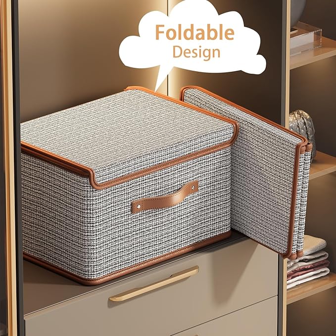 Tuza 2 Pack Storage Bins with Lids, Collapsible Closet Organizer Container, Fabric Organizer Box with Handles, Decorative Storage Boxes with Lids for Organizing Clothes, Blanket, Light Grey, Medium