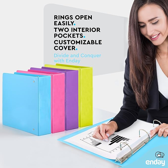 2 Inch Binder 3 Ring Binders, Slant D-Ring 2” Clear View Cover with 2 Inside Pockets, Heavy Duty Colored School Supplies Office and Home Binders Pink, Blue, Purple, Green (4 Pack) – by Enday