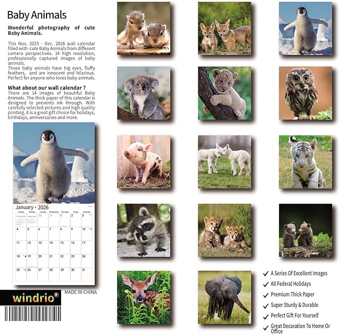 2026 Wall Calendar,Calendar 2026, November 2025 - December 2026, Wall Calendar Baby Animals, 12" x 24" Opened,Full Page Months Thick & Sturdy Paper for Calendar Organizing & Planning
