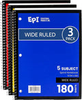 EPI Spiral Notebook | 5 Subject - Wide Ruled - 180 Sheets, Durable Spiral Binding | 10.5 x 8 in | Classroom Supplies | School, Office, Note Taking, Journaling - 3 Pack