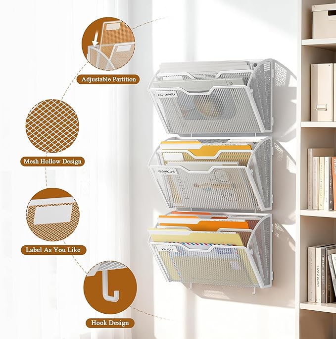 Docnest 3 Tier Mesh Wall File Holders with Hooks – 3 Pack Hanging Letter Holder - Document Organizer for Mail, Paper, Office, Home, School – Space-Saving Wall Mounted Folder Holder – White