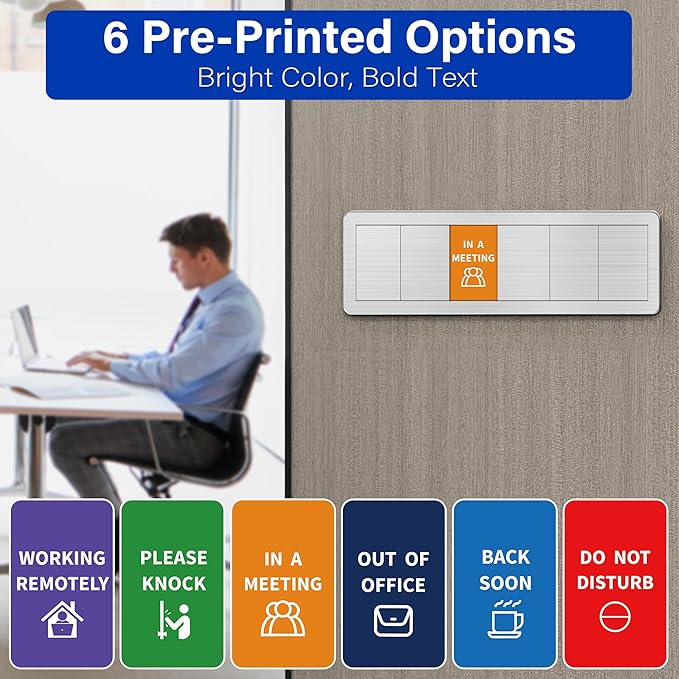 Office Door Signs with 6 Printed Status Options – Do Not Disturb, Out of Office, In a Meeting, Please Knock, Work from Home, Back Soon – Includes Custom Personalized Blank Sticker for Privacy Workspace or Studio Available and Away