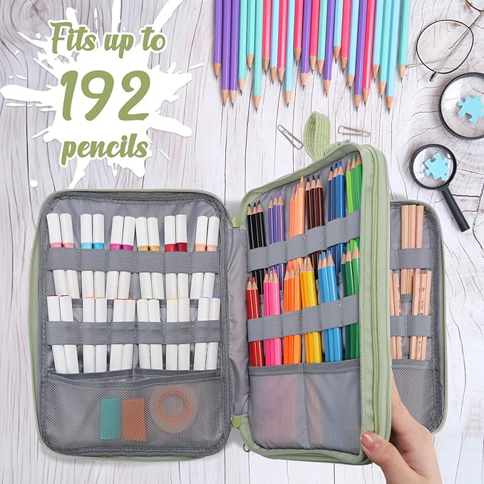 VASCHY Colored Pencil Case, Corduroy Large Pencil Pouch for Art Pens Markers Gel Pens Big Holder Organizer Fits 192 Pencils for Girls Women Light Green