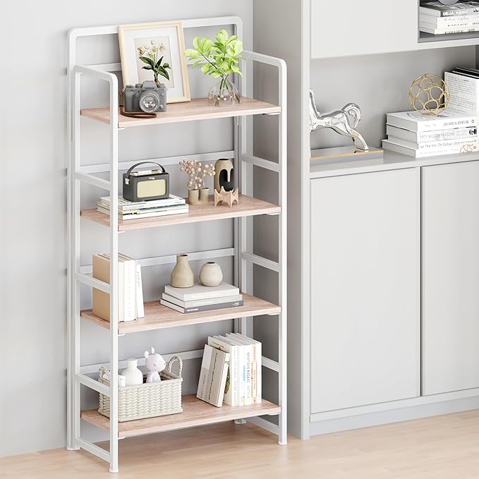 THKKY No Assembly Folding Bookshelf, 4 Tiers Collapsible Book Shelf for Home Office, Vintage Wood Foldable Bookcase Storage Organizer for Living Room Bedroom (Beige)