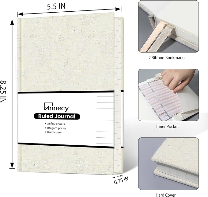 Annecy Lined Journal Notebook, Hardcover Leather Journal for Women & Men, 160 Numbered Pages, Medium 5.5" x 8.25", 100 GSM Thick Paper, Beige