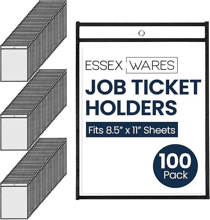 Essex Wares - 100 Pack, Black, Job Ticket Holders, 10" Wide x 13.5" Tall - Clear Plastic Shop Ticket Holders - Easy to Use, Reusable & Easy Erase Plastic Invoice Holders, Water-Resistant & Durable