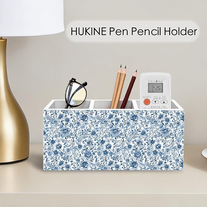 HUKINE Blue and White Chinoiserie Floral Pen Holder for Desk Decoration, Vintage Blue Toile De Jouy Flower Wooden Box Sign Pencil Holder Organizer for Home Office Desk Accessories