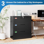 PEUKC 3 Drawer File Cabinet, Lateral Filing Cabinets for Home Office, Office Storage Drawers with Lock, Hanging Files Legal/Letter A4 Size (Assemble Required,Black)