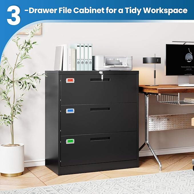 PEUKC 3 Drawer File Cabinet, Lateral Filing Cabinets for Home Office, Office Storage Drawers with Lock, Hanging Files Legal/Letter A4 Size (Assemble Required,Black)
