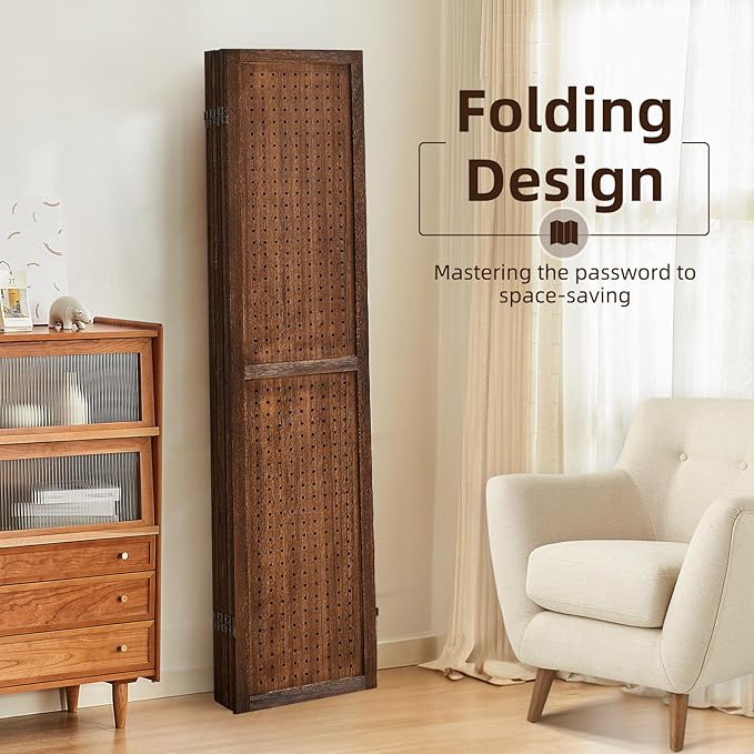 Aleesing 6 Panel Pegboard Display with 24 Hooks,Partition Room dividers, Wooden Room Divider Wall and Folding Privacy Screens, Pegboard Room Divider, Bedroom, Balcony, Dark Brown
