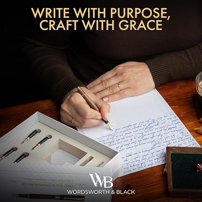 Wordsworth & Black Fountain Pen Gift Set, Includes Ink Bottle, 6 Ink Cartridges, Ink Refill Converter, 4 Replacement Nibs, Luxury Bamboo, Journaling, Calligraphy, Smooth Writing Pens [Brown Wood]