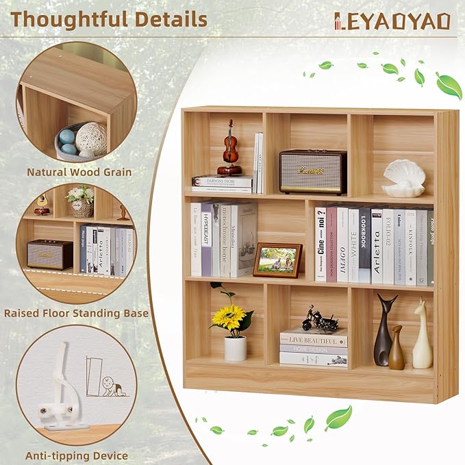 LEYAOYAO 8 Cube Bookshelf with Wood Base,Natural 3 Tier Mid-Century Modern Bookcase,Standing Wide Bookshelves Storage Organizer Shelf,Rustic Display Cabinet Book Shelves for Bedroom,Living Room