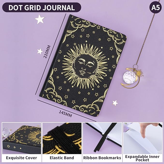 Dot Grid Journal with 160GSM Thick Paper, 192 Pages, A5 Dotted Notebook for Work, School, Travel | 180° Lay Flat, Foil Stamped Cover, Elastic Band, 2 Bookmarks & Inner Pocket (Black)