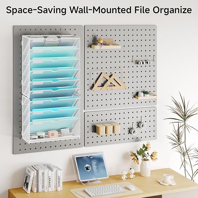 Lavatino 10-Tier Hanging Wall File Folders Organizer - White Metal Mesh Paper Magazine Document Mail Holder File Organizer for Office School Home Wall Mount or Desk Supplies Organization