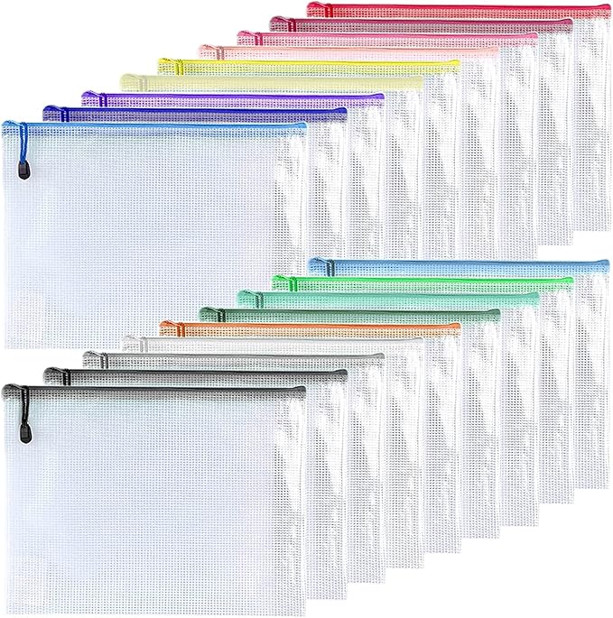 Oaimyy-18 Pcs-Mesh Zipper Pouches File Bags Puzzle Storage Bags Folders Large Bag Zip Pouch for Office Supplies,Organizing Storage,Board Game Organization-(Multicolor, 5"x 7")