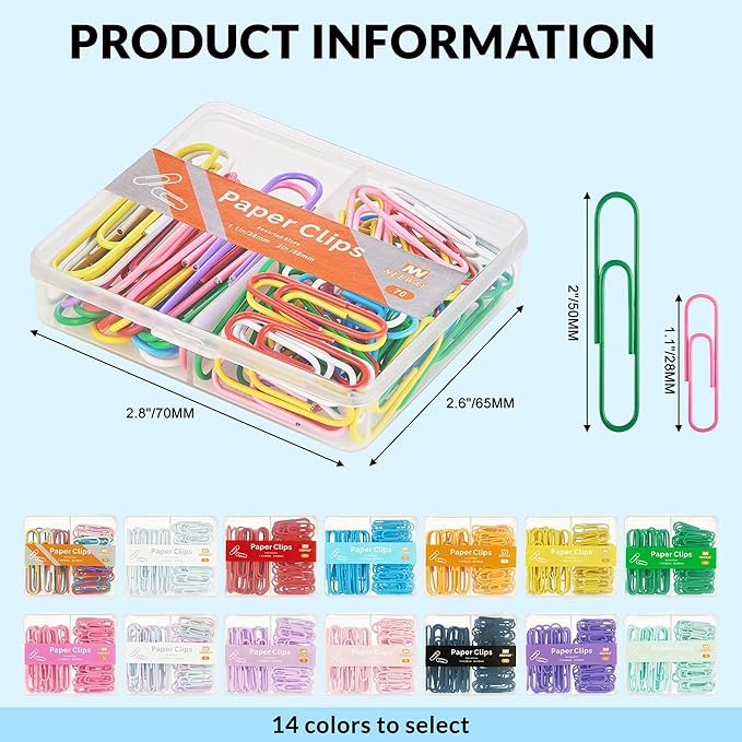 NEEWAY Colorful Paper Clips Assorted Sizes, Small and Large Paperclips, 210 Count, 3 Pack of 70 (Multicolor)