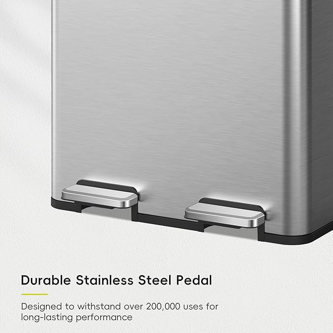 EKO Edison Dual Trash Can for Recycling and Trash, 8+8 Gallons Kitchen Garbage Can with Dual Removable Inner Liners, Independent Lids and Pedals, Matte Stainless Steel