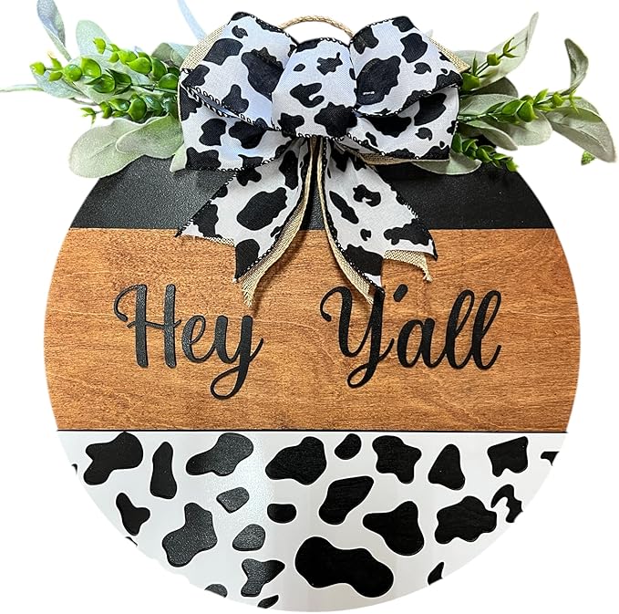 Wood front door sign Wood sign Home decor Welcome sign Sign for front door House warming gift Wedding gift (Hey Yall Cow-DS082(A10) S003, 15" Width)