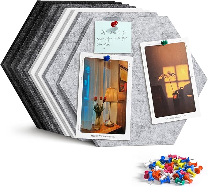 Uoisaiko 12" Large Bulletin Board with 30 Push Pins, Pack of 8 Hexagon Felt Pin Board Notice Boards for Home Office Kitchen, Felt Wall Tiles for Photos Memos