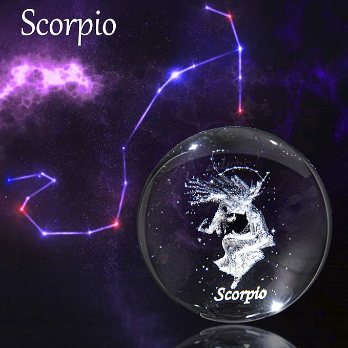 3D Laser Constellation Ball Crystal 60mm Paperweight Full Sphere Glass Fengshui with Sliver-Plated Flowering Stand(Scorpio)