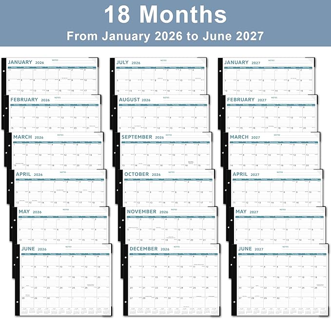 Desk Calendar 2026, KOPEESY 22" x 17" Large Desk Calendar, From January 2026 to June 2027, Desktop Calendar with Notes and Thick Paper for Home, Office and School (Blue)