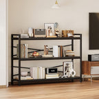 3 Tier Bookcase 47.24" Width, Long Industrial Book Shelf, Vintage Wooden Large Book Shelf for Home Living Room Bedroom Office Storage(Black)