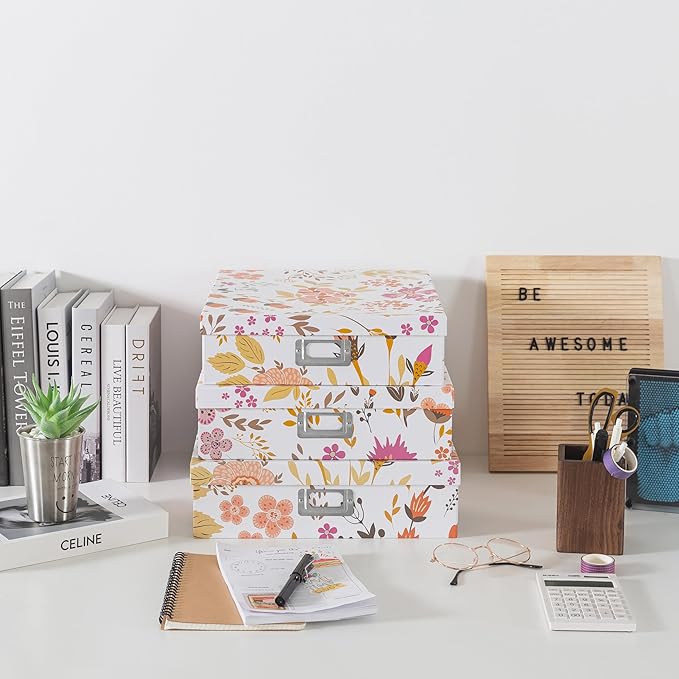 Soul & Lane Floral Collage Decorative Cardboard Boxes with Lids, Set of 3 Memory Boxes for Keepsakes and Photos, Letter Storage for Documents, Scrapbooks, Organizing
