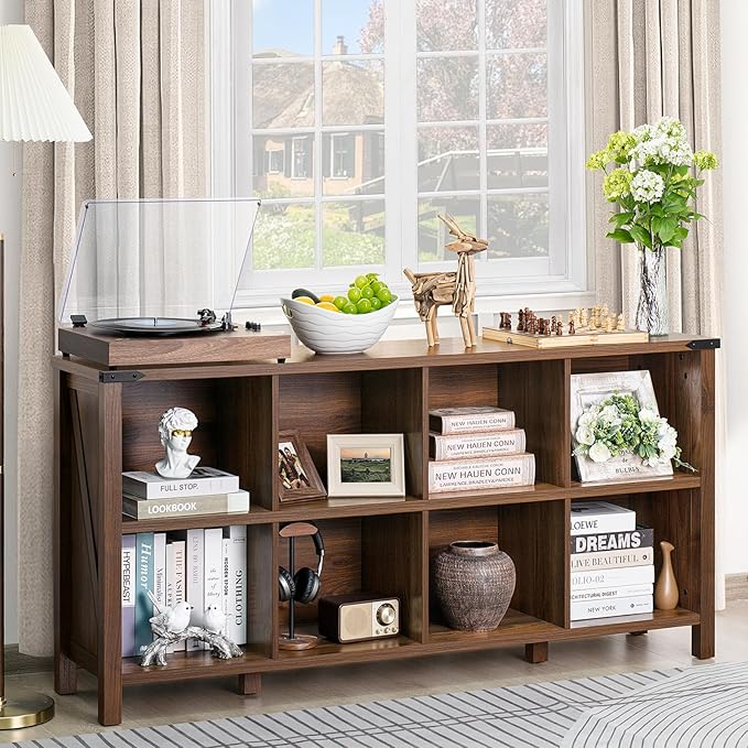 Joaxswe 8 Cube Book Shelf, Farmhouse Wood Long Storage Organizer Bookcase, 62" Horizontal Brown Walnut Console Closet Bookshelf, Hallway TV Stand for Entryway, Display Cabinet Book Case for Office