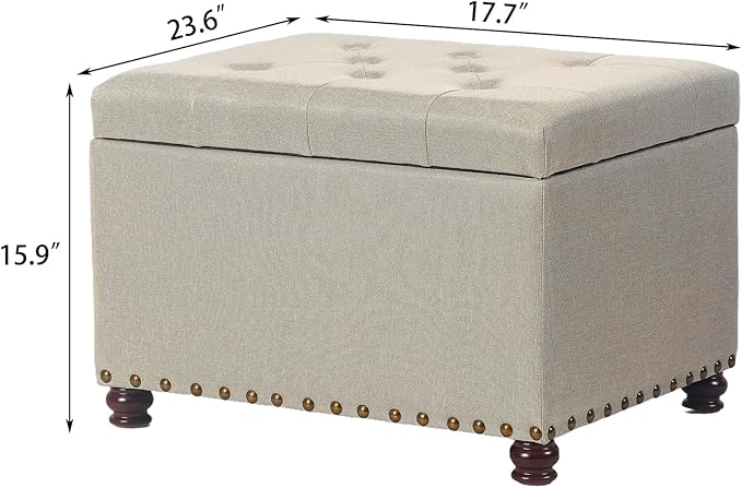 Decent Home 24" Storage Ottoman, Fabric Ottoman Foot Rest Stool with Hinged Lid, Tufted Rectangle Upholstered Footstool, Load up to 350 lb, for Living Room, Bedroom, Dorm, Beige, Bronze Rivets