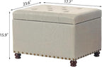 Decent Home 24" Storage Ottoman, Fabric Ottoman Foot Rest Stool with Hinged Lid, Tufted Rectangle Upholstered Footstool, Load up to 350 lb, for Living Room, Bedroom, Dorm, Beige, Bronze Rivets
