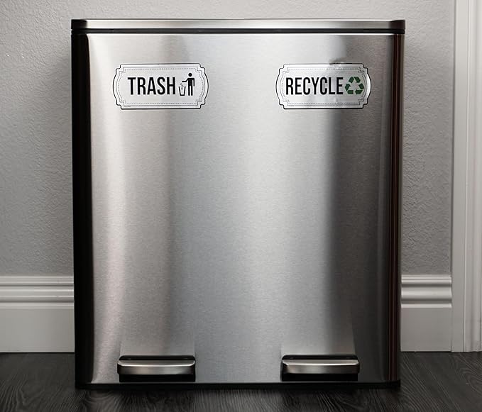 Recycle and Trash Stickers for Kitchen Trash Cans and Recycling Bins, Indoor Trash and Recycle Sticker Combo for Garbage Can Logo Symbol, 2 Silver Decals, 6.5" x 3" Elegant Style with Split-back
