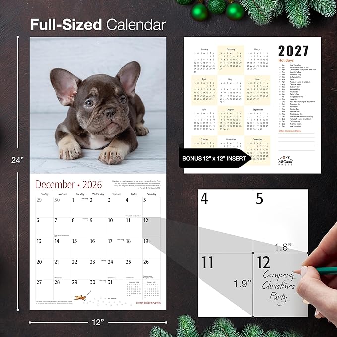 MICASA PRESS French Bulldog Puppies 2026 Wall Calendar 12 Month | 12" x 24" Open | Thick & Sturdy Paper | Holiday Gift | Cute Frenchie Puppy Dog Calendar 2026