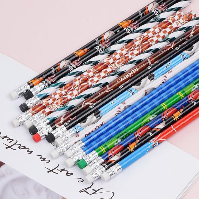 48 Pcs Sports Wooden Pencils with Erasers, Football Soccer Basketball Baseball Funny Sports Pencils for Teacher Gift Supplies, Awards Incentives Pencil (Basketball, Football, Soccer and Baseball)