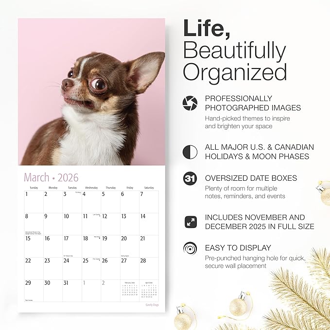 RED EMBER Goofy Dogs 2026 Wall Calendar 12 Month | 12" x 24" Open | Thick & Sturdy Paper | Holiday Gift | Kids Pooches Funny Puppy Dog Calendar 2026