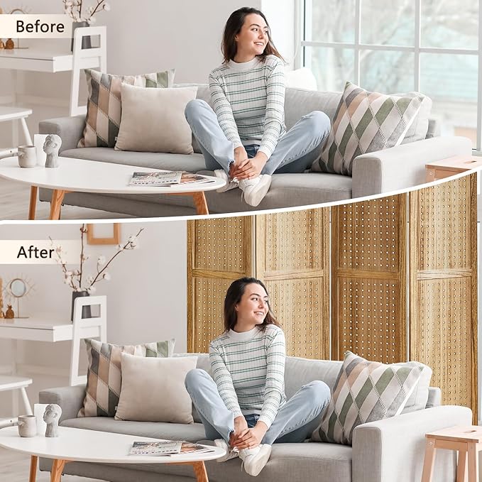 Aleesing 4 Panel Pegboard Display with 16 Hooks, Wooden Room Divider Wall and Folding Privacy Screens, Partition Room dividers, Pegboard Room Divider, Jewelry Store, Bedroom, Balcony, Light Brown