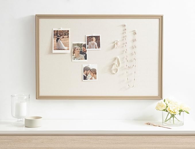 Kate and Laurel Oakhurst Rectangle Framed Linen Fabric Pinboard; 24 x 36; Light Tan; Traditional Decorative Bulletin Board with Stepped Profile and Lightly Distressed Finish