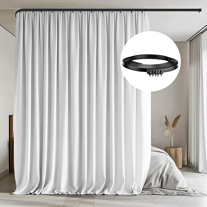 MaKefeile Room Divider Curtains with Flexible Ceiling Tracks Set,Blackout Curtain Ceiling Mount Curtain Track Privacy Room Dividers Ceiling Track Curtain Rod(White Drape & Black Rail W 8.3 × H 7 FT)