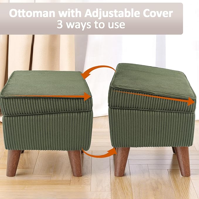 FAGAGA Storage Ottoman with Adjustable Lid, Soft Step Stool, Footrest and Seat, Ottoman Foot Rest for Living Room, Bedroom, Dorm, Green