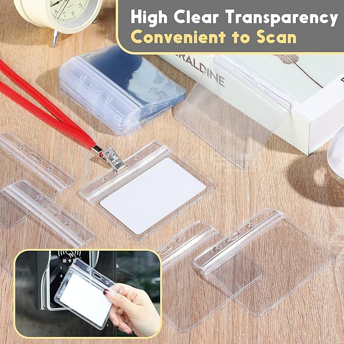Marspark 300 Pieces Clear Plastic Horizontal Name Badge ID Card Holders with Waterproof Type Resealable Zip, 3.54 x 2.36 in, Transparent PVC Sleeve for Office Back to School Supplies