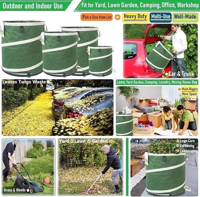 46-Gallon Collapsible Trash Can (22x28 in) Hard-Shell Bottom Yard Garden Bag,Big Leaf Bag,Yard Waste Bag,Debris Container,Pop-Up Recycling Bin,Camping Waste Bin,Laundry Hamper,Lawn Grass,Weeds Barrel