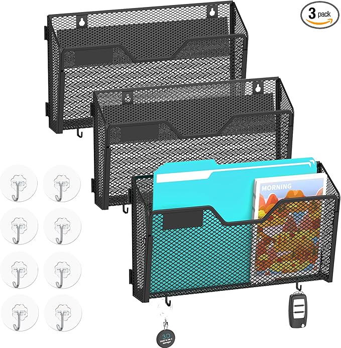 SUPEASY Magnetic File Holder, 3 Pack File Folder Organizer, Wall File Organizer, No Drilling Paper Document Holder & Binder Holder for Home / Office (with Label Panel, 8 * Adhesive Wall Hook)