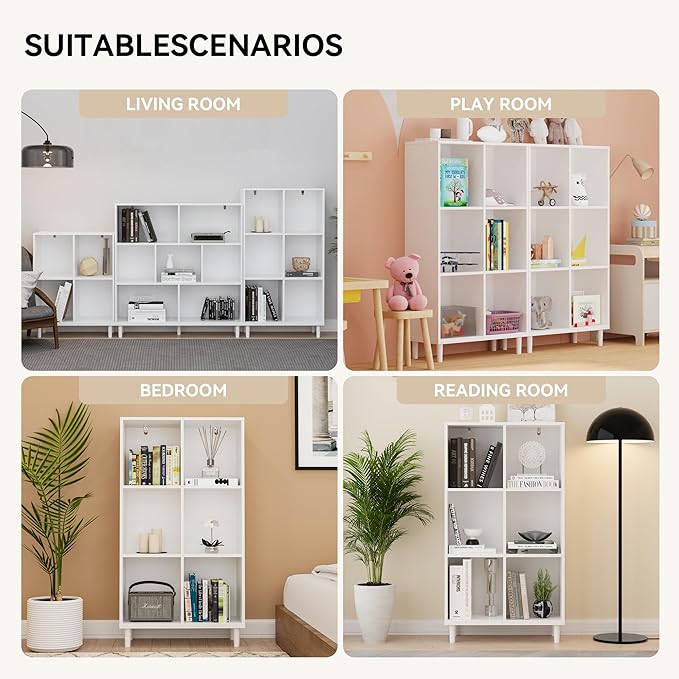 Chyanmoo Wood Cube Storage Organizer White Bookshelf - 3-Tier Freestanding Storage Cabinet with Legs for Home Office, 6-Cubes Open Shelf