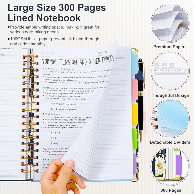 Spiral Journal Notebooks for Work, 300 Pages 5 Subject Notebook College Ruled with Dividers & Tabs, 8''x 10'' Large Notebook Journal for Women Students Note-Taking and Organizer (White Daisy)