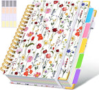 Hardcover Spiral Notebook Journal with Removable Dividers Tabs, 300 Pages Leather 5 Subject Notebook College Ruled, 8"x10" Large Notebooks for Work School Note taking, Journal for Women, Flower White