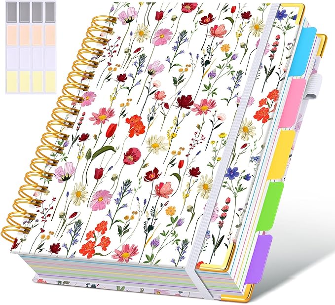 Hardcover Spiral Notebook Journal with Removable Dividers Tabs, 300 Pages Leather 5 Subject Notebook College Ruled, 8"x10" Large Notebooks for Work School Note taking, Journal for Women, Flower White